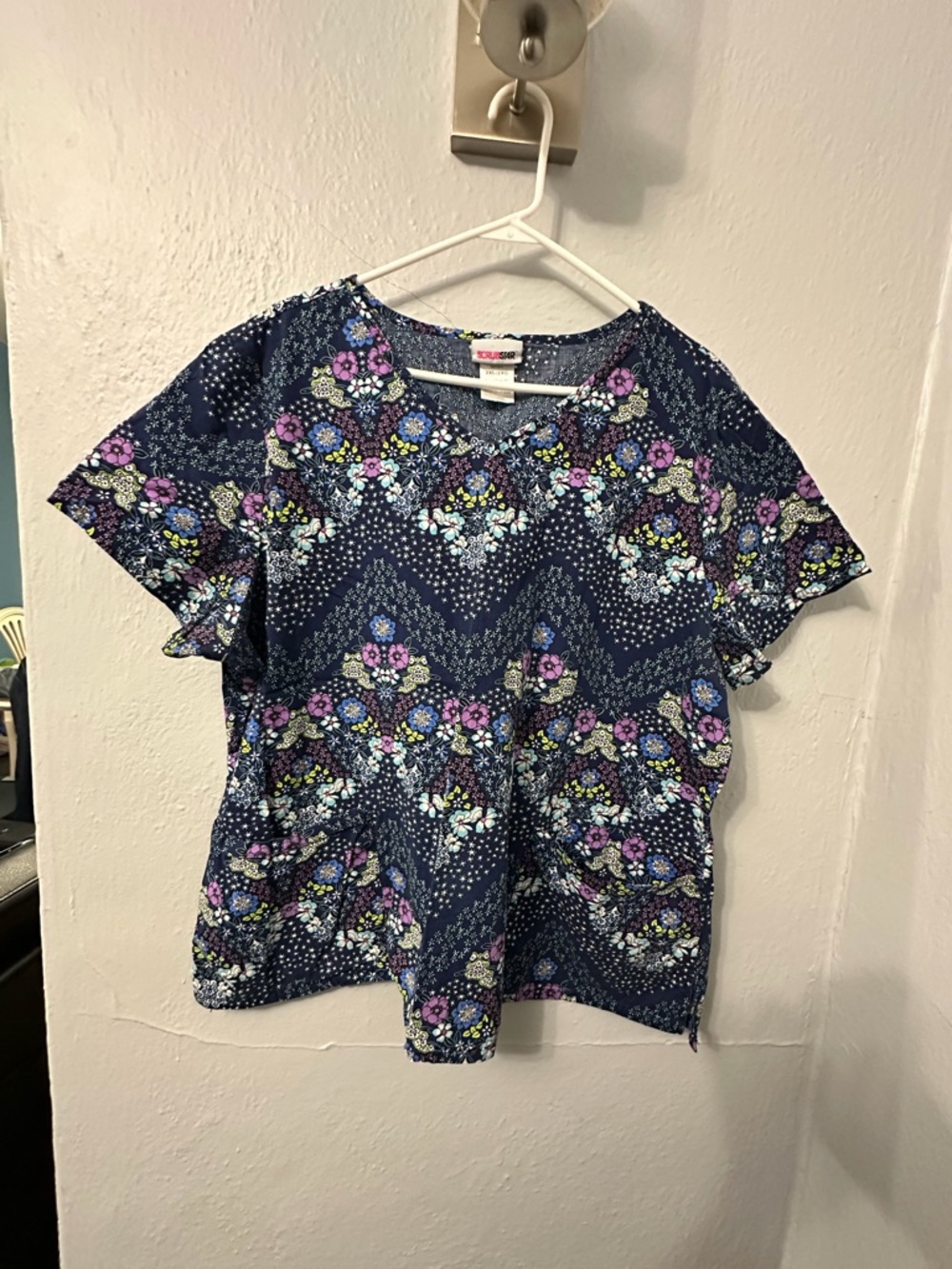 Navy Floral V-Neck Women's Scrub Top